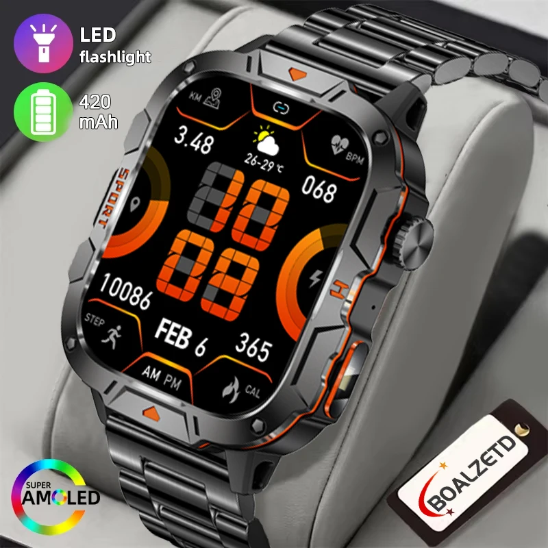

2025 New Smart Watch 3ATM Waterproof 1.96"Full touch Screen New Outdoor Men Sport LED Flashlight 420mAh Large Battery Bluetoot