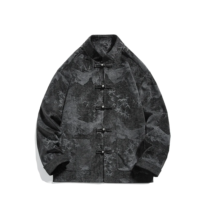 

New Chinese Sle Tang Suit Jaet Outerwear Long Sve Bla Printed Hanfu Retro Sun Zhongan Coat for Men Autumn Winter