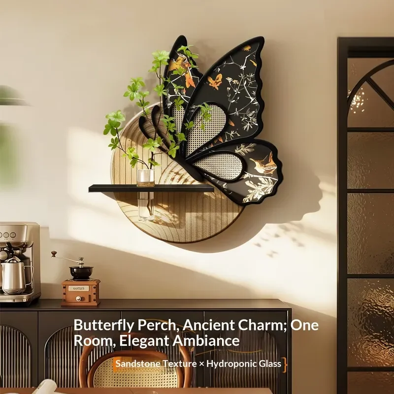 Middle Ancient Butterfly Wall Art with Glass Vase Holder Sandstone Textured Living Room Wall Hanging Decorative Painting