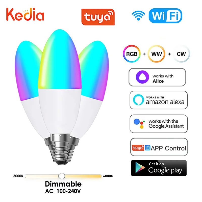 

Kedia Tuya E14 Smart WiFi Candle Light Bulb European Light Bulbs RGB LED WW Lamp Via Smart Life Support Alexa Google Home Alice