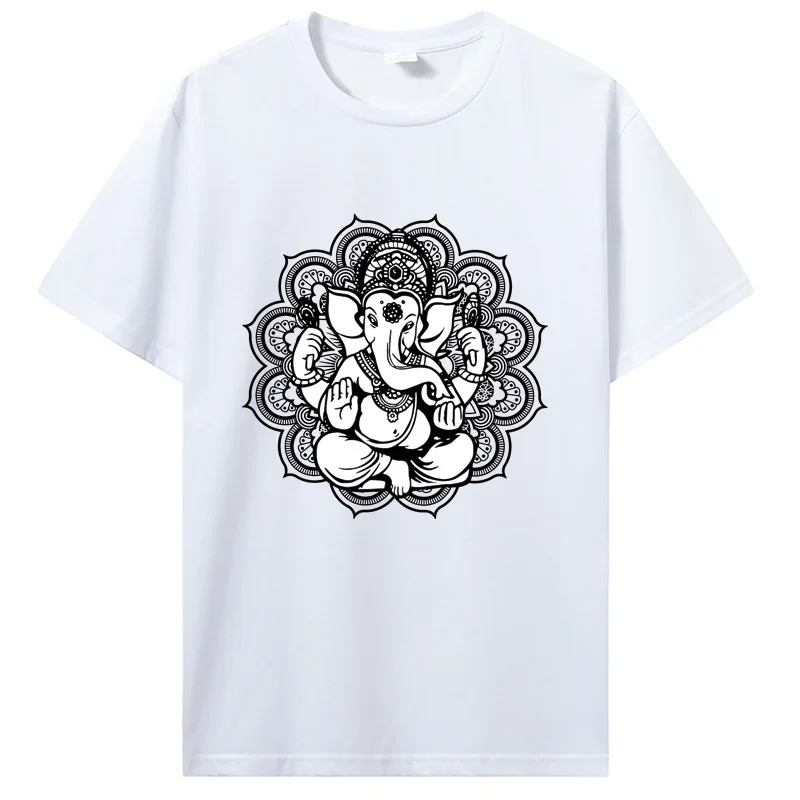 Yoga Mandala Elephant Ganesha Tribal Ornaments Chakra Hindu T-Shirt Men Cotton O-neck Tshirt Hip Hop Tees Streetwear Harajuku