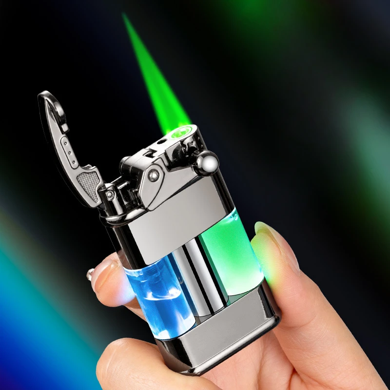 

Rocker Switch Ignition Butane Gas Lighter Outdoor Windproof Turbo Torch Straight Green Flame Jet Cigar Lighter Men's Tools