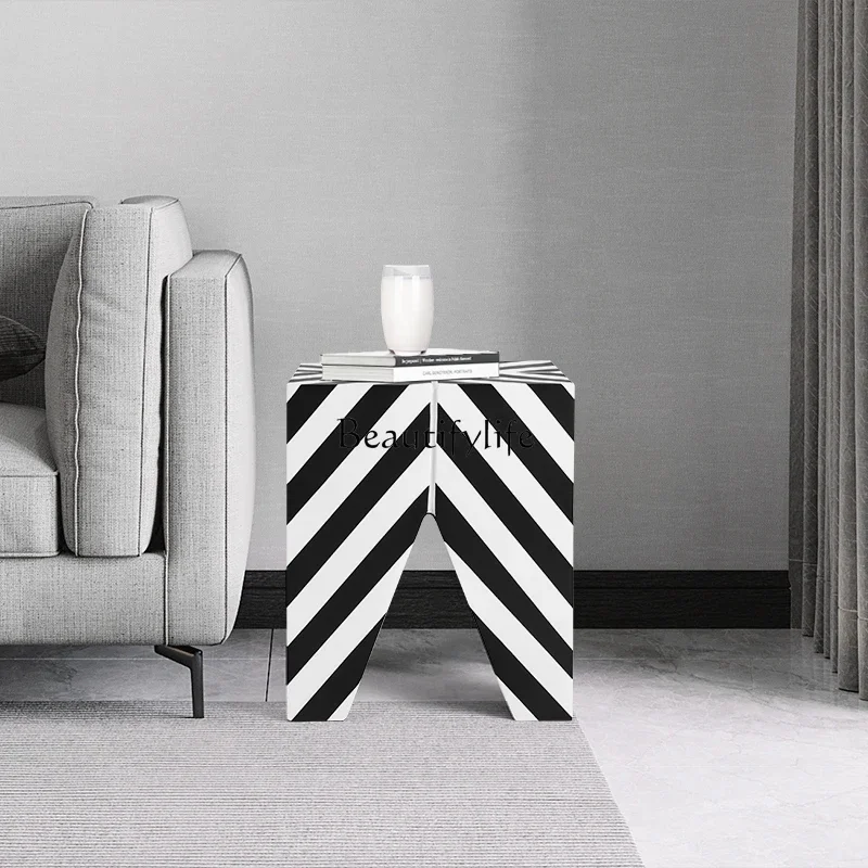 

ls 04 Nordic black and white striped stool living room coffee table creative solid wood decorative low stool