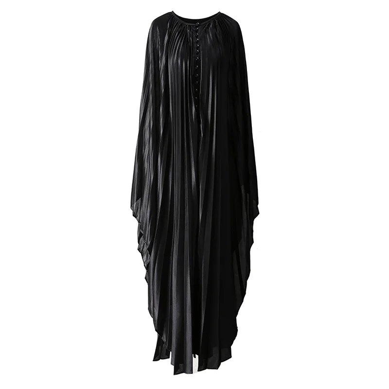 Women Summer Long Shirt Dress New Fashion Casual Solid Color Pleated Loose Round Neck Batwing Sleeves Irregular Long Dresses