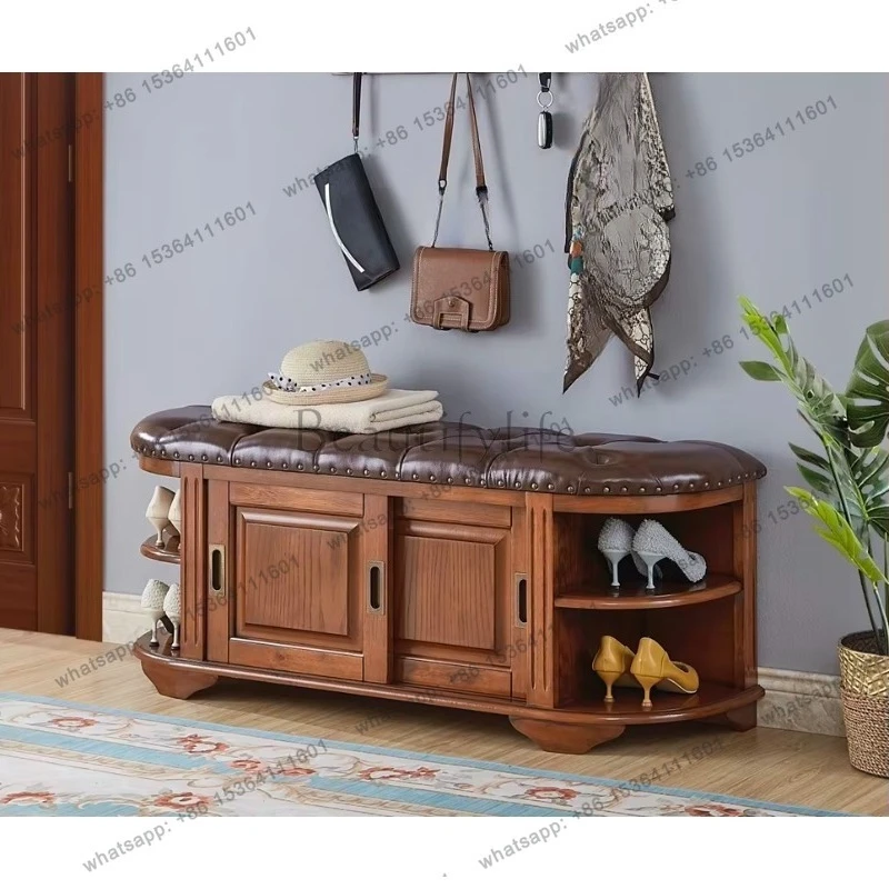 YJ  American All-solid Wood Shoe Change Stool Can Sit At The Door, Shoe Cabinet European Multi-functional Storage Stool, Leath