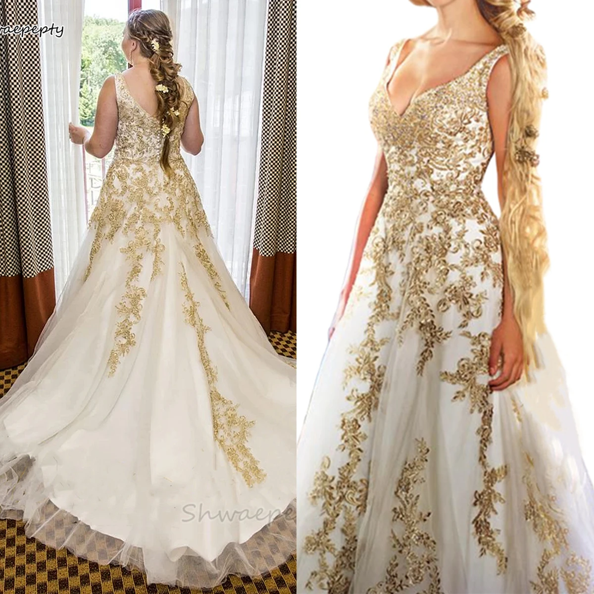 Princess Wedding Dress White And Gold A Line Long Bridal Gowns Lace Appliques Straps Plus Size Bride Dresses 2024 Robe de mariée