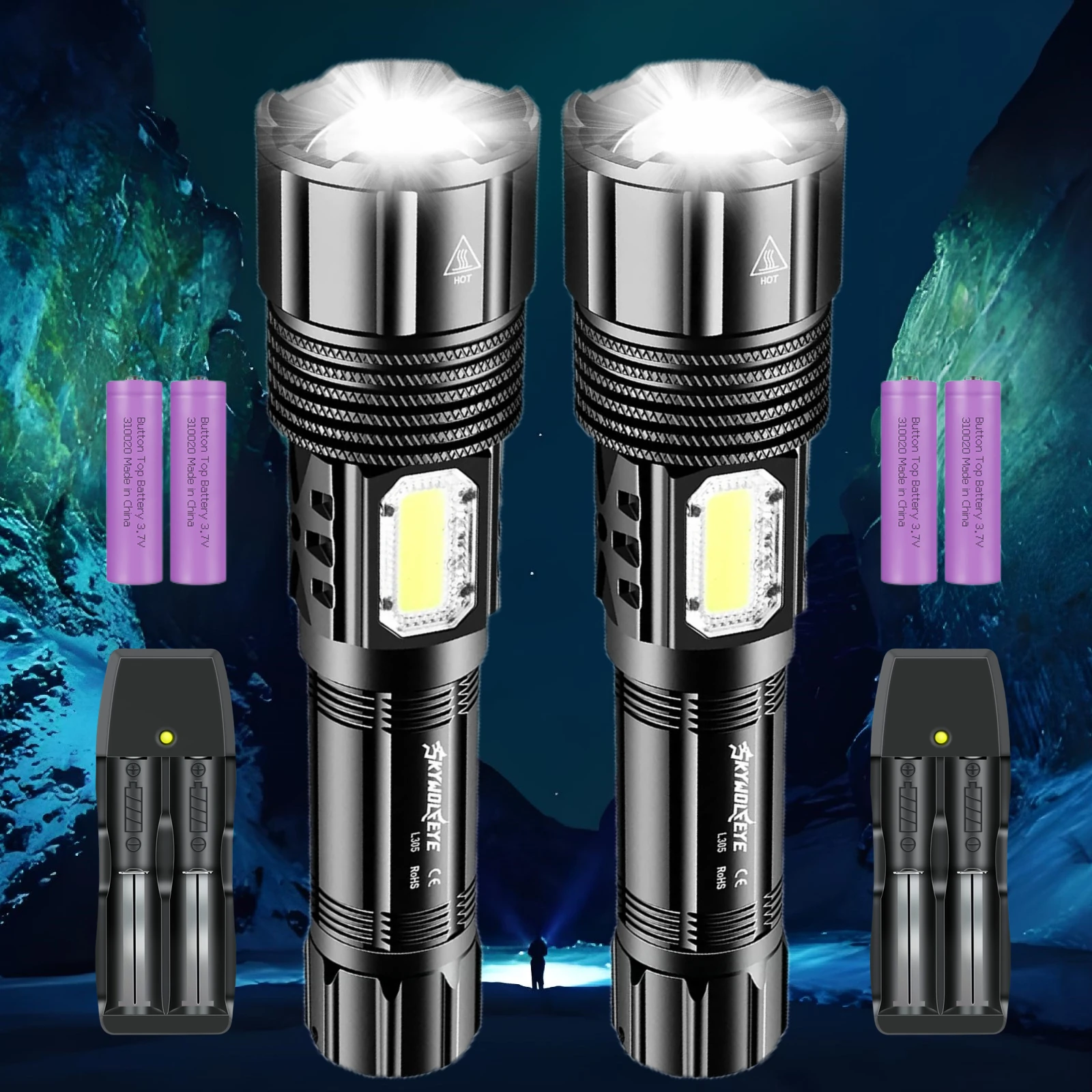 Skywolfeye 2pc COB Side Light USB Rechargeable LED Flashlight Powerful Handheld Torch with Battery Chargerfor Camping Hiking