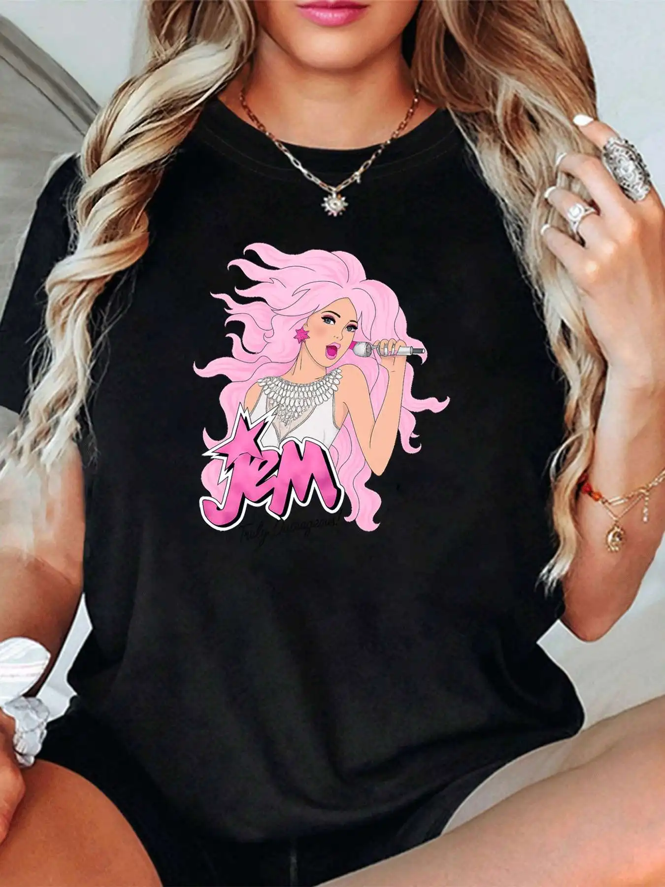 

【1141793】Plus size women's round neck short sleeve T-shirt with elastic half sleeves and trendy prints