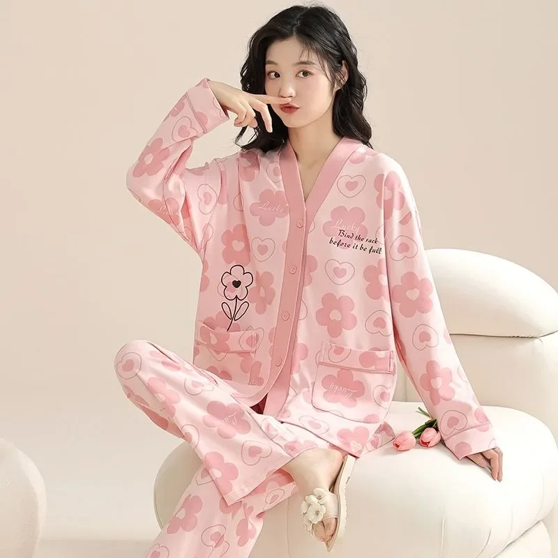 2024 New Cotton Pajamas Long-sleeved Ladies Spring Autumn Sleepwear Sweet Loose Plus Size Loungewear V-neck Loose Homewear Suit