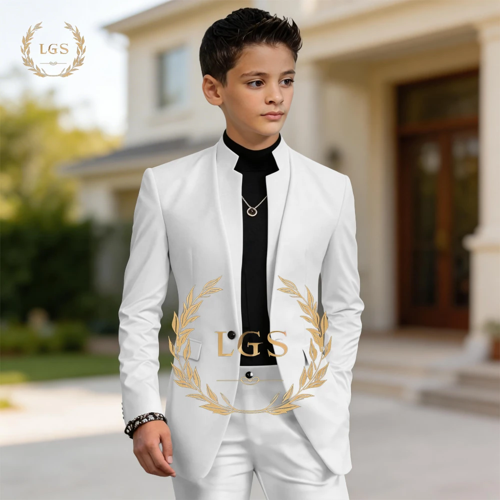 Boys' Custom Tailored 2-Piece Formal Suit – Mandarin Collar 1-Button Blazer & Tailored Pants for Banquets & Birthdays