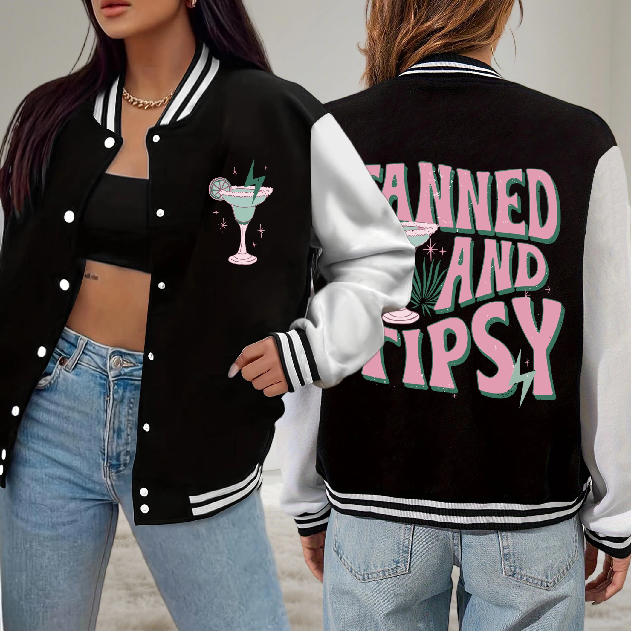 

Tanned And Tipsy Pattern Prints Women Baseball Uniform Soft Pocket Jacket Hip Hop Loose Sportswear Autumn Fleece Clothes