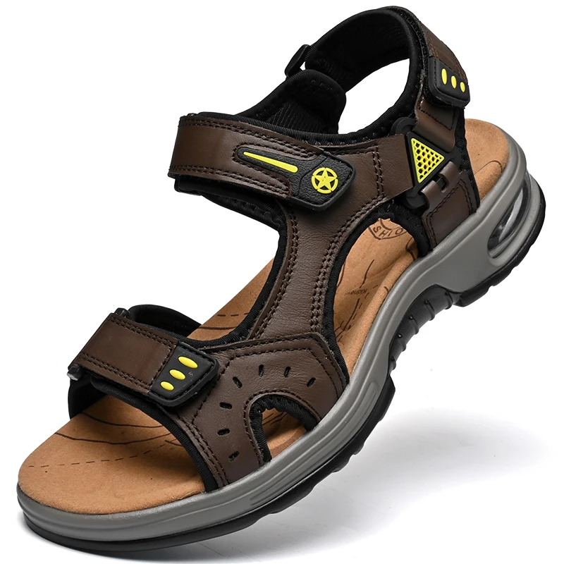 Image of Outdoor-Herrensandalen, rutschfeste Herren-Freizeitschuhe, Strand-Sandalen aus echtem Leder, Übergröße, Sommer-Herrenschuhe, atmungsaktive Watschuhe
