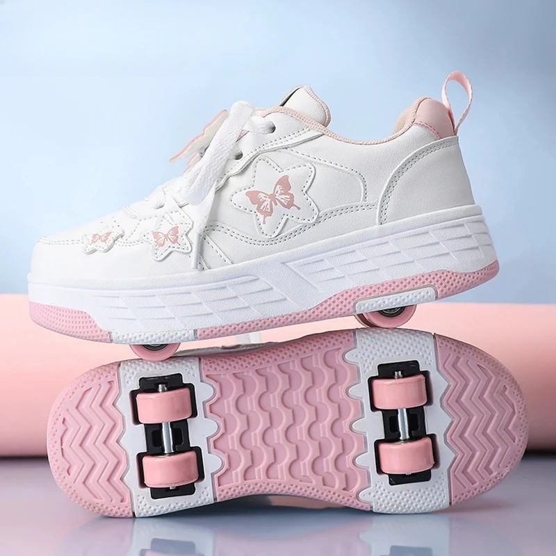 4-Wheels Walking Shoes With Butterfly Patterns Children's Outdoor Sport Roller Skate Sneakers For Teenagers Girls Entertainment