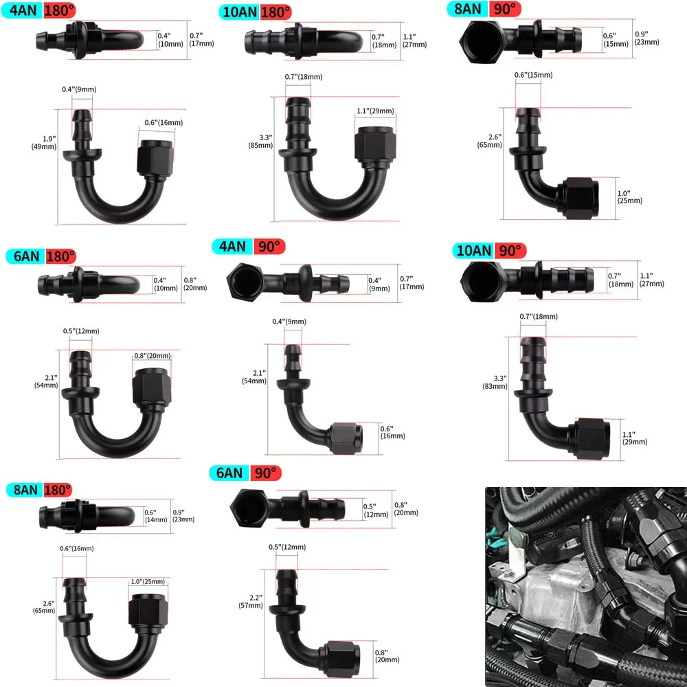 AN4/AN6/AN8/AN10/AN12 Straight 0/45/90/180° Female Swivel to Push Lock Hose End Fitting Oil Fuel Hose End Connection Adapter