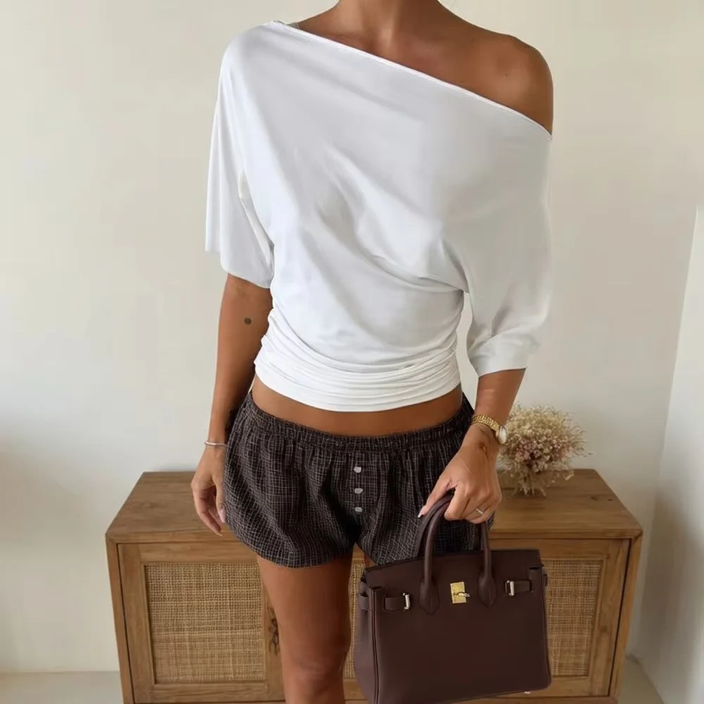 Solides Slash-Neck T-Shirt für Damen, Sommer 2026, Kurzarm Crop Tops, Off-Shoulder T-Shirts, Party Basic Casual Y2K Oberteile