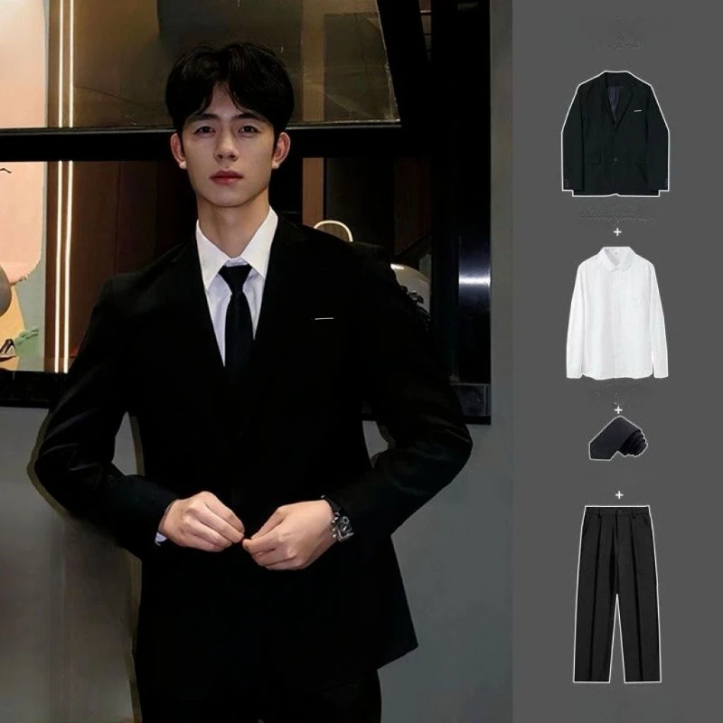Men's Padded Shoulder Blazer Set Preppy Style DK Uniform Suit Jacket Spring Autumn Student Class Outfit