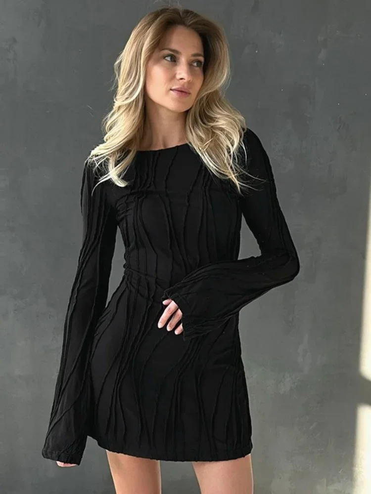 Solid Black Dress For Women Streetwear Long Sleeve Vestidos Elegantes Para Mujer Striped Y2k Clothing One Piece Club Outfits