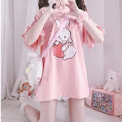 Summer Women Cute Lolita Pink T-Shirts Cartoon Strawberry Rabbit Print Tshirt Ruffles Short Sleeve Tops JK Girls Kawaii Tee Top