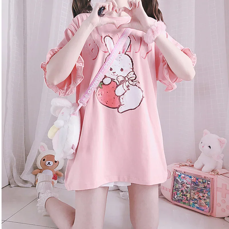 Damskie letnie koszulki z krótkim rękawem w stylu Kawaii, urocza Lolita, różowa, kreskówka, truskawka, królik wydruku, koszulka, falbany, JK, dziewczyny