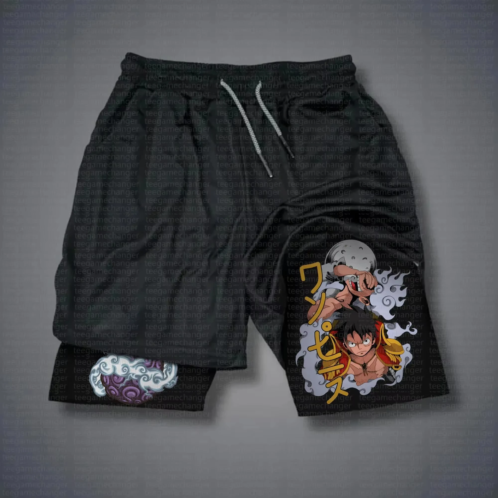 Bandai One Piece Luffy bedruckte doppellagige Shorts, lockere, schweißableitende und atmungsaktive Sportshorts für Herren und Damen im Sommer