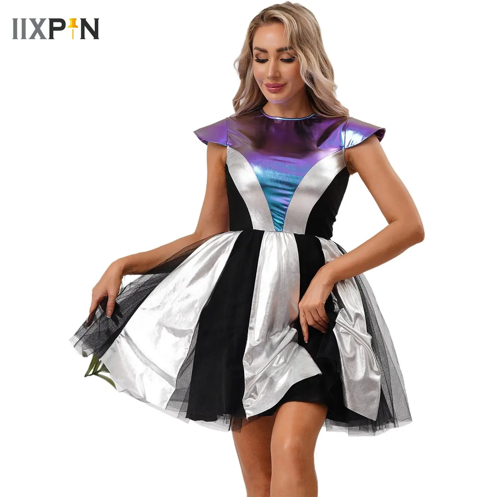 

Woman's Outerspace Astronaut Alien Robot Cosplay Costume Metallic Short Sleeve Puffy Dance Dress for Carnival Festival Halloween