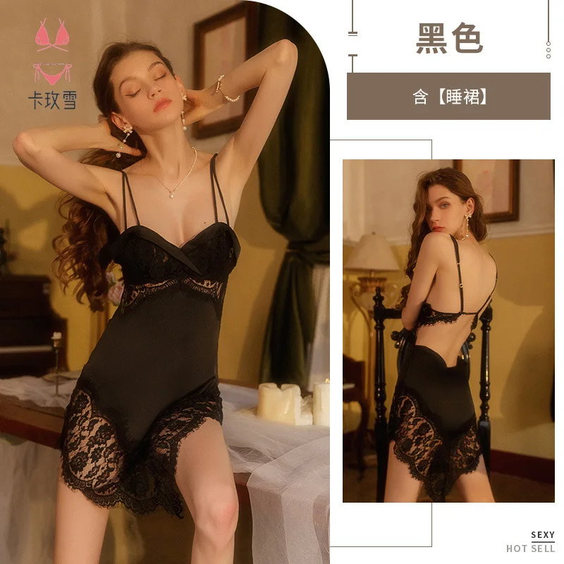 Piyama seksi wanita, baju suspender renda transparan tipis, baju piyama backless