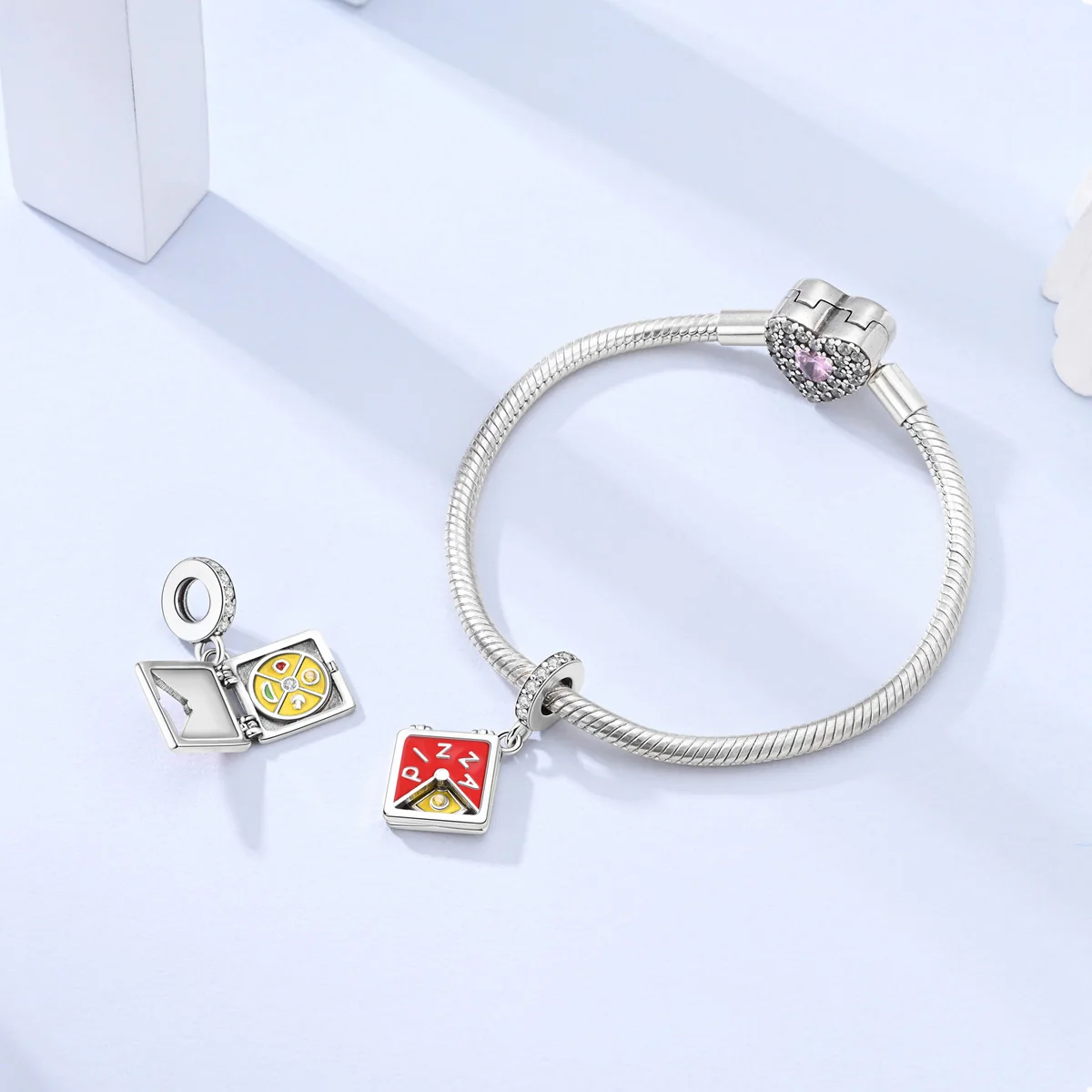 925 Sterling Silver Pizza Box Dangle Charm Bead Red Yellow Enamel CZ DIY Bracelet Bead Charm for Women Food Theme Jewelry Gift