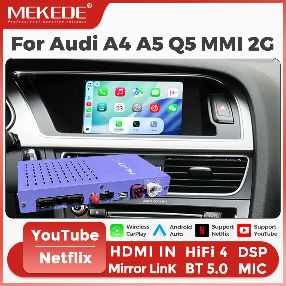 MEKEDE Neue kabellose Carplay- und Android-Auto-Schnittstelle für Audi A4 A5 Q5 2009-2015, kompatibel mit dem Original-Autokomfortsystem und der Kamera, neue Upgrade-Mirror-Link-AI-TV-Box-Modelle