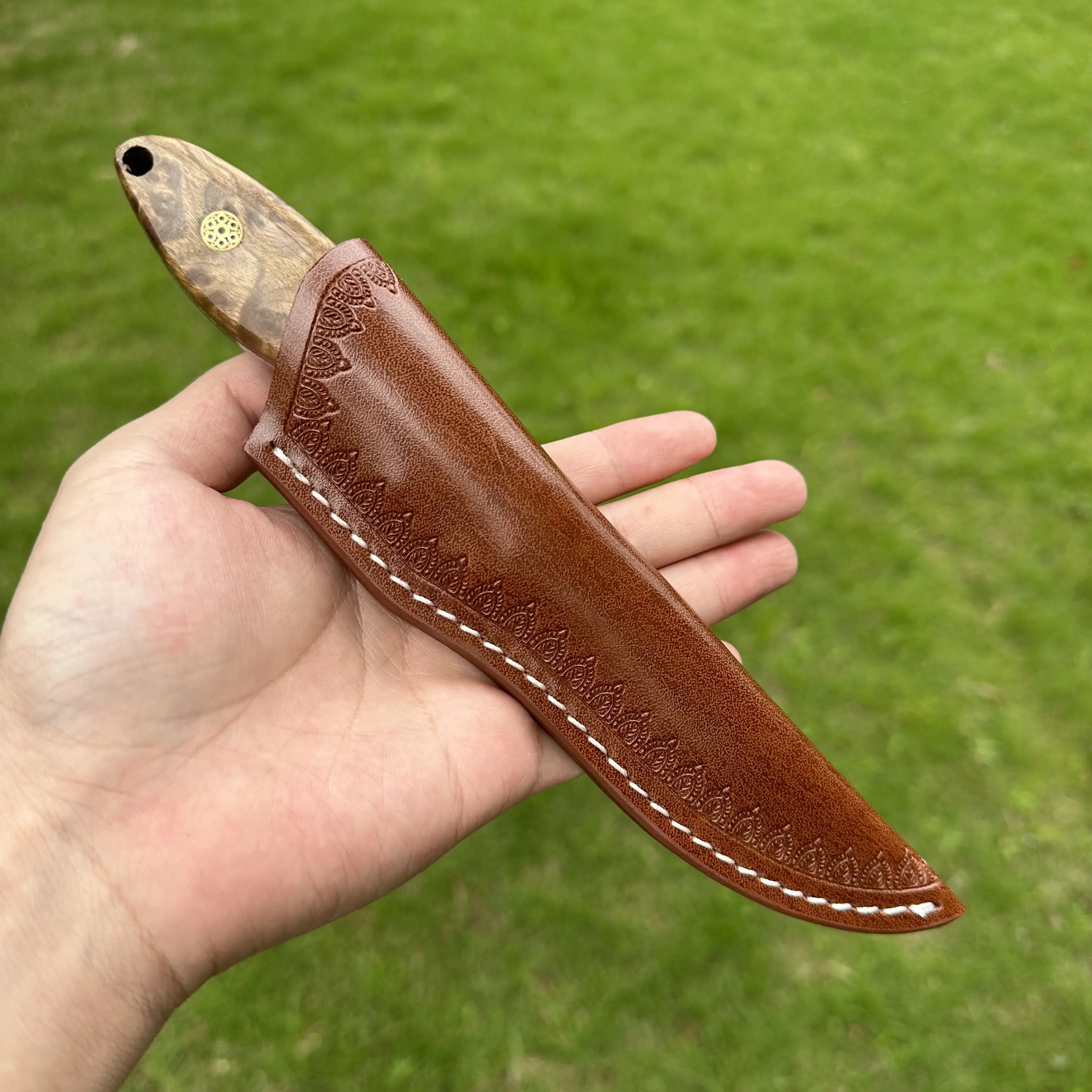 Topwell Master Handmade Survival Outdoor Knife Sandvik 14C28N Blade Premium Burl Wood Handle Kraft First layer Leather Sheath