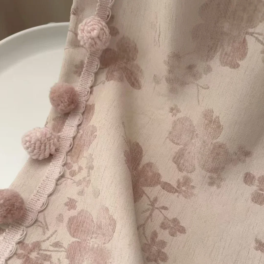Rosalie Floral Printed Curtain Pink Pom Pom Edge Linen Texture Curtain Vintage Romantic Window Drape Home Decor