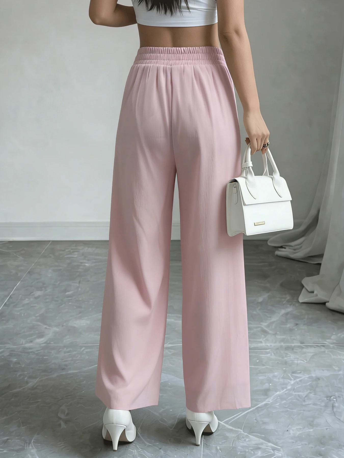 Women's Pink Wide Leg Pants Elastic High Waist Lightweight Chiffon Flowy Loose Fit Casual Pants Spring Summer Vacation Trousers