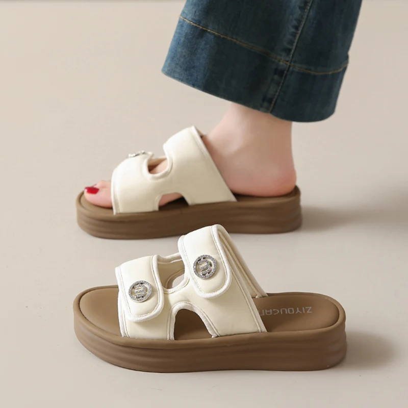 

CRLAYDK Fashion Women's Rhinestone Sandals Platform Open Toe Adjustable Straps Ladies Dressy Slippers Hook&Loop Beach Slides