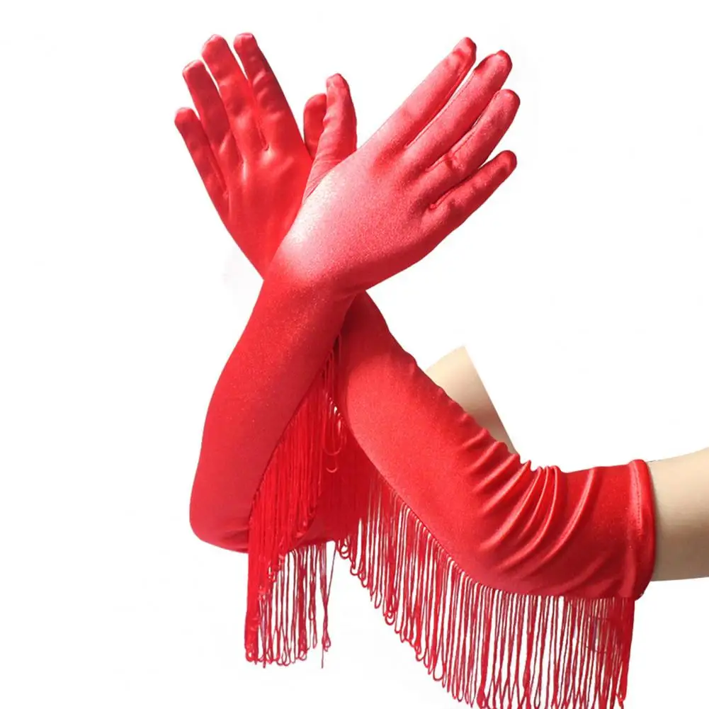 Fashion Performance Gloves Solid Color Anti-slip Latin Dance Accessory Nylon Popular Accessory Stretchy Long Fringe Tassel Glove