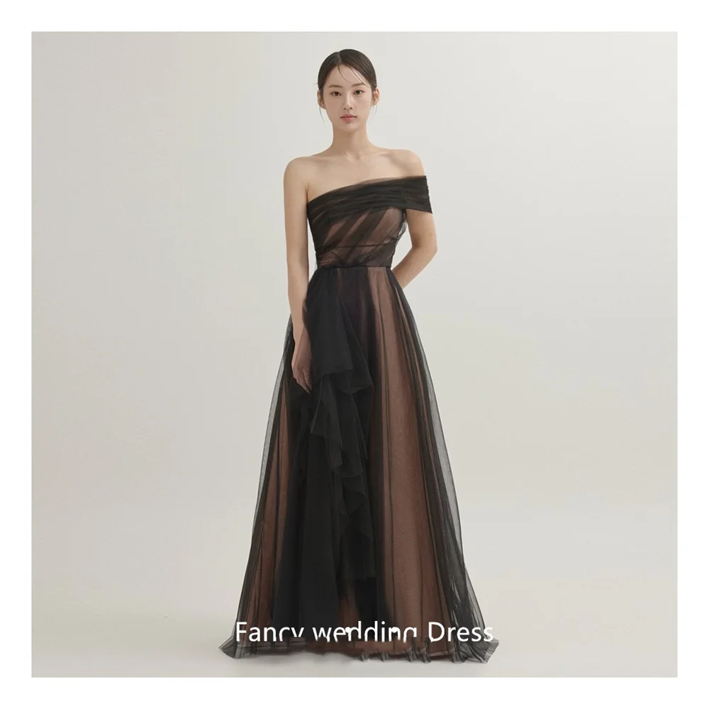 Fancy One Shoulder Fairy Black Evening Dresses Wedding Photo shoot Tulle Korea Party Formal Prom Gowns Corset Back customized