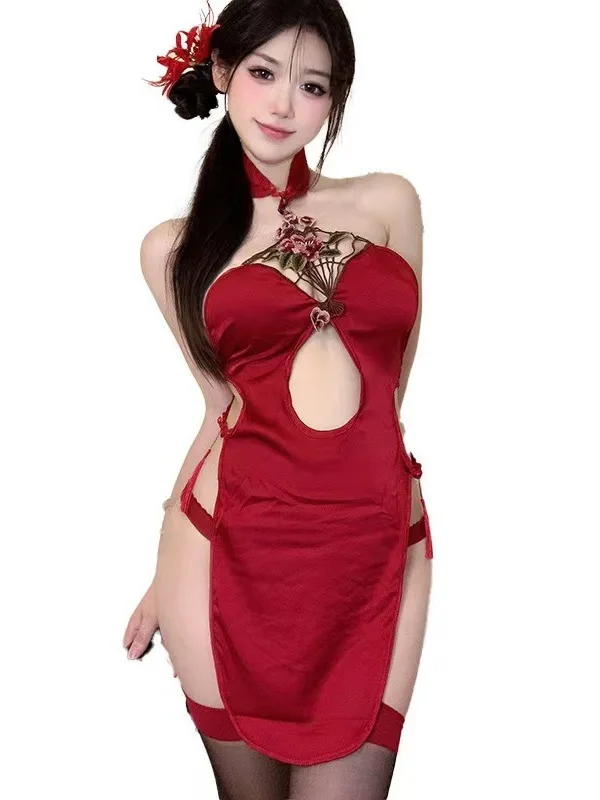 Erótico sexy pendurado pescoço estilo antigo oco para fora alta fenda cheongsam uniforme tentador paixão vestido feminino elegante doce a6a1