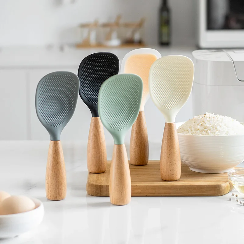 1Pc Silicone Wooden Handle Rice Spoon High Temperature Resistant Non Stick Rice Spoon Lisheng Rice Spoon Kitchen Accessories