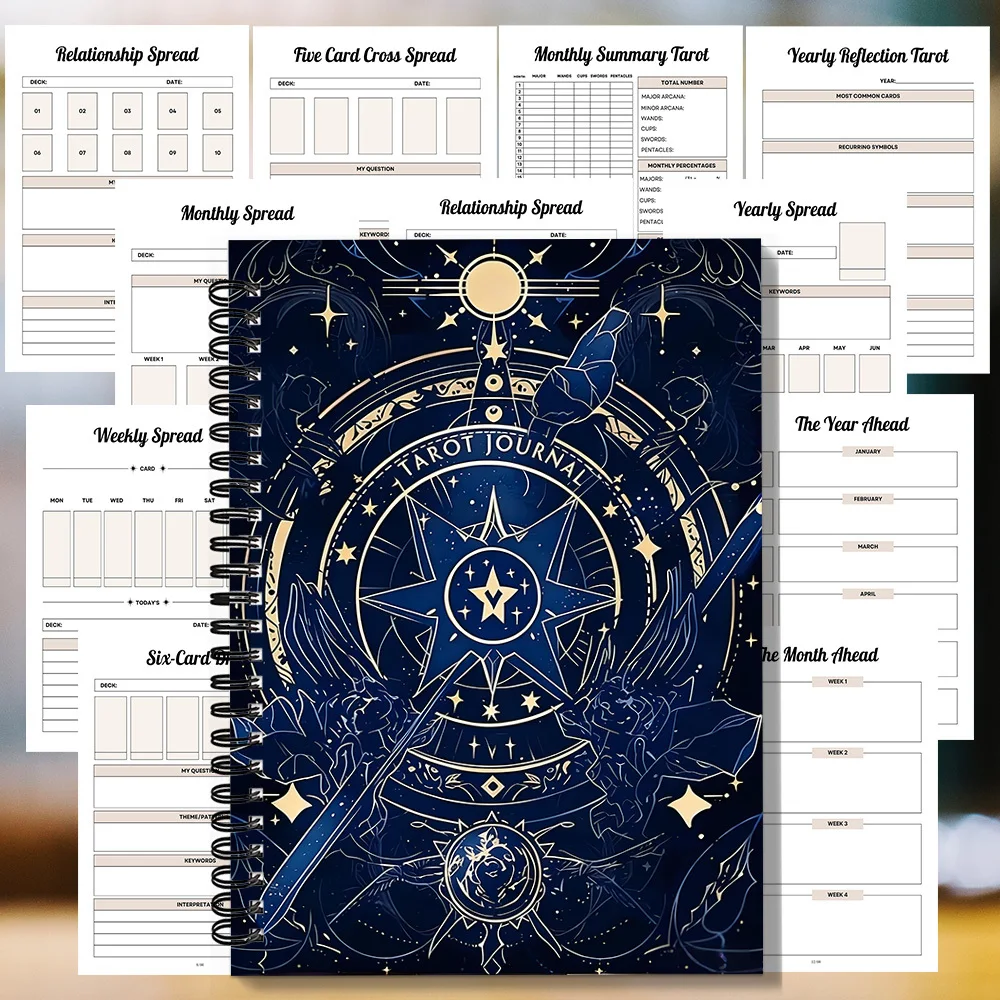 1 Spiral-Notizbuch, Spiral-Tarot-Notizbuch mit kosmischem Sternenmotiv und himmlischen Themen, zur Dokumentation des spirituellen Tarot-Wachstums