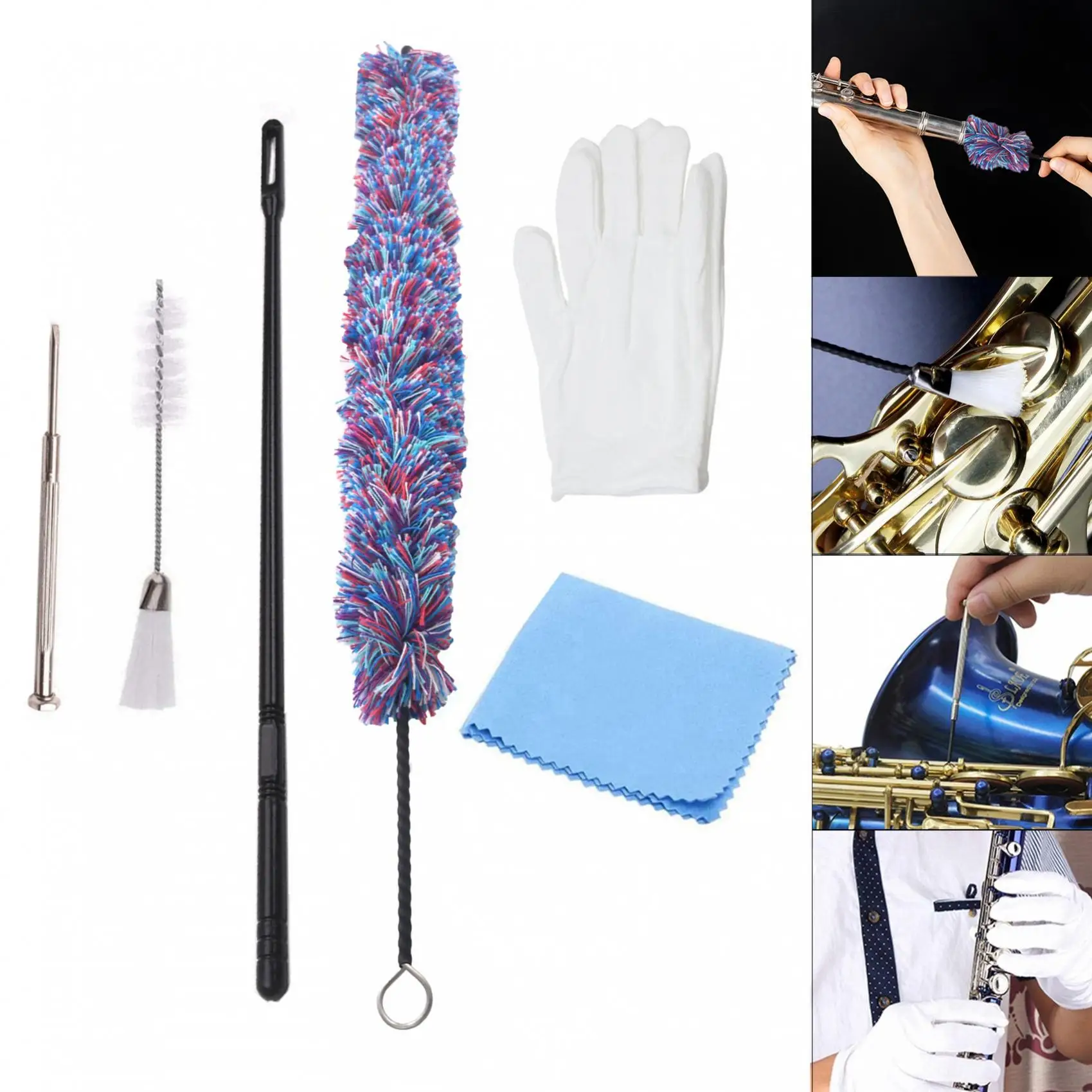 7pcs/lot Multifunctional Flute Saxophone Clarinet Cleaning Kit with Cotton Cleaning Brush, Wind Instrument Repairing Care Set