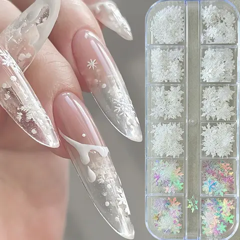 12Grids Mixed Snowflake Nail Art Sequins Slices White Glitter Winter Snow Flakes Nail Charms DIY Christmas Holiday Nail Decor %*