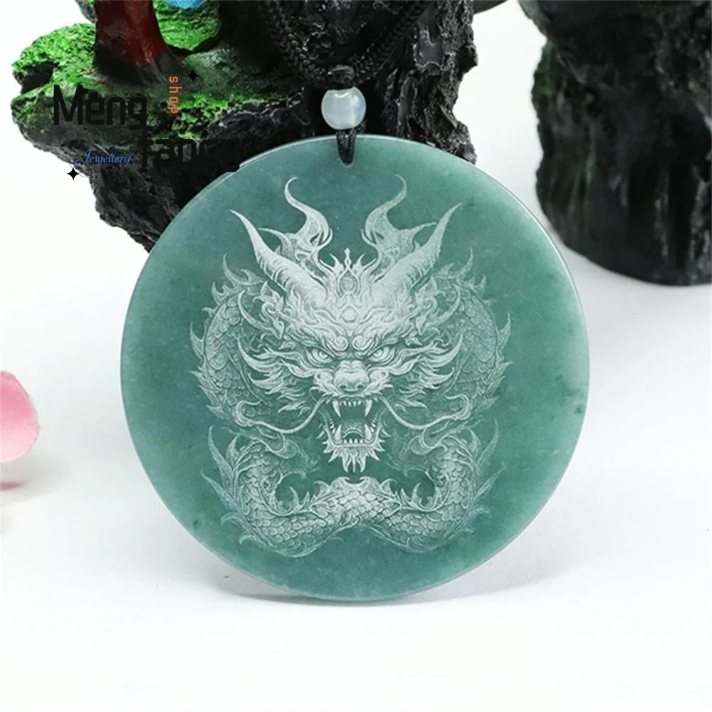 Natural Jadeite Zodiac Blue Water Dragon Sign Jade Shadow Carving Pendant Exquisite Elegant Simple High-grade Fashion Jewelry