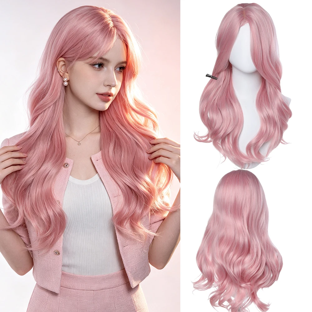 Synthetic 30 Inch Curtain Bangs Pink Big Wave Long Curly Hair Wig Halloween Cosplay Heat Resistant Fiber Hair