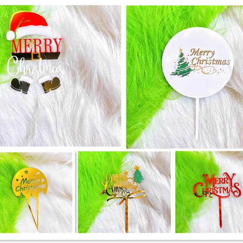 New Merry Christmas Party Cake Topper Red Gold Acrylic Christmas Hat Cake Topper Kids Gifts Xmas Home party Dessert Decoration