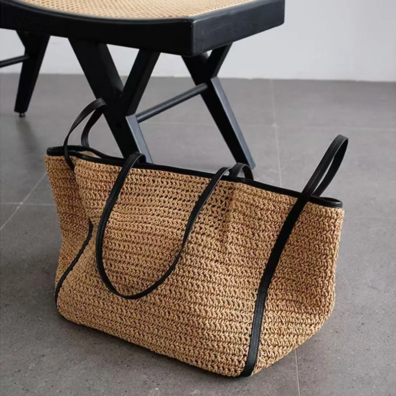 

Casual Large Luxury Design Capacity Handbag Straw Woven Tote Bags Beach Shoulder Simple Women's Bag Shopping Summer bolsos