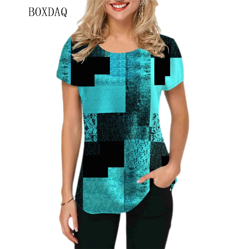 Plaid Geometric Graphic Women T-shirts Short Sleeve Tie-dye 3D Printed Ladies T Shirt Summer Casual Female Oversized Tops Tees