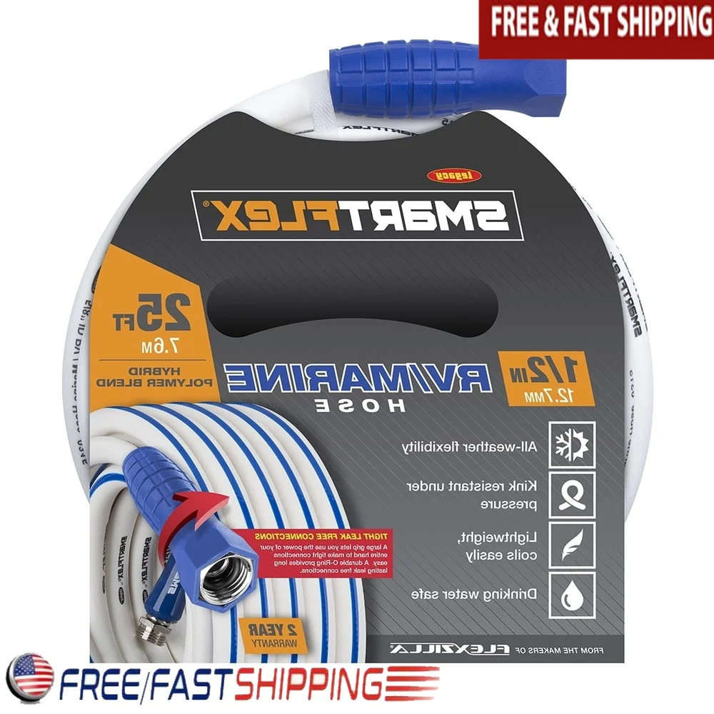 

1/2" x 25' Hybrid Polymer RV Marine Hose Kink Resistant Durable Lightweight Leak Free Connections UV Resistant Drinking Water