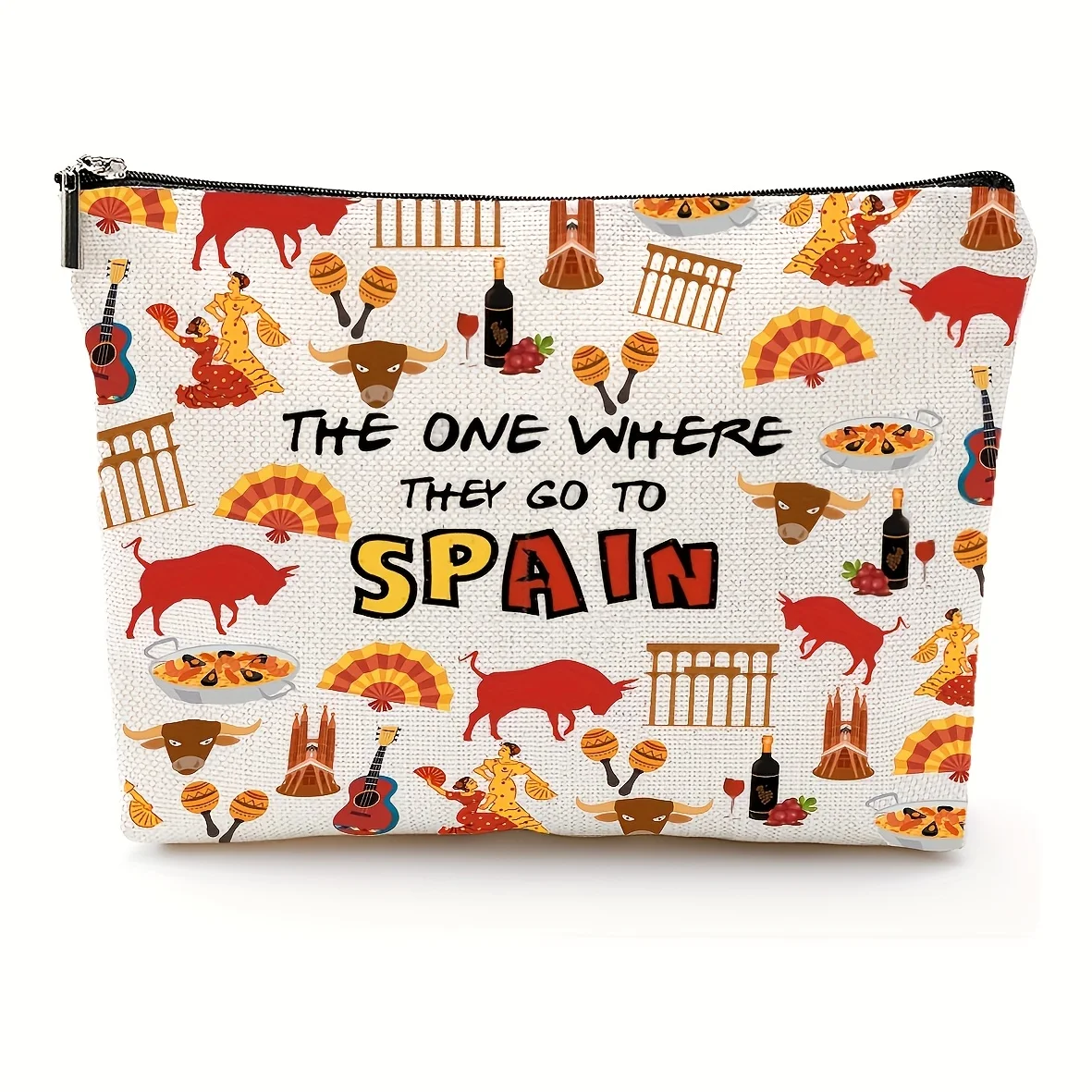 

Spanish Cosmetic Bag - "The One Where They Go to Spain" Design Bull Guitar Wine Zipper Bag Travel Housewarming Gift Spain Lover