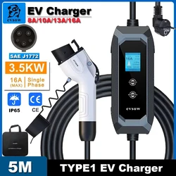Evsow-cargador portátil EV Type1 16A 3,5 kW, cargador de coche eléctrico J1772, Cable de carga de 5M, 8A-10A-13A-16A, Wallbox ajustable EVSE