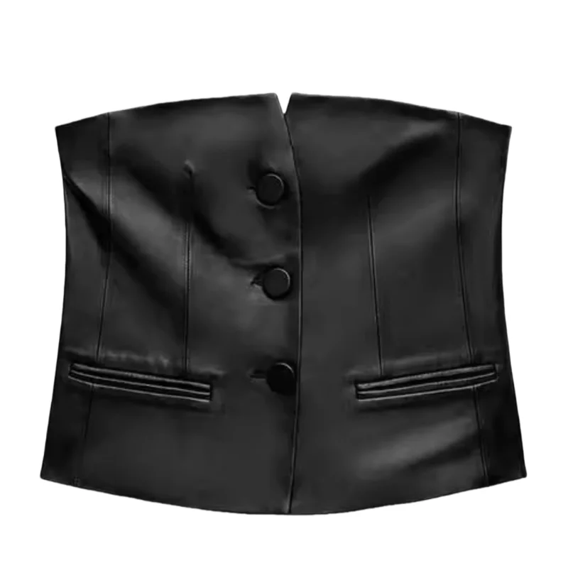 

New Autumn Winter Women's Leather Tube Top oulder Bared Svel ort irt Slim Fit Versatile Sle Pure Color Design