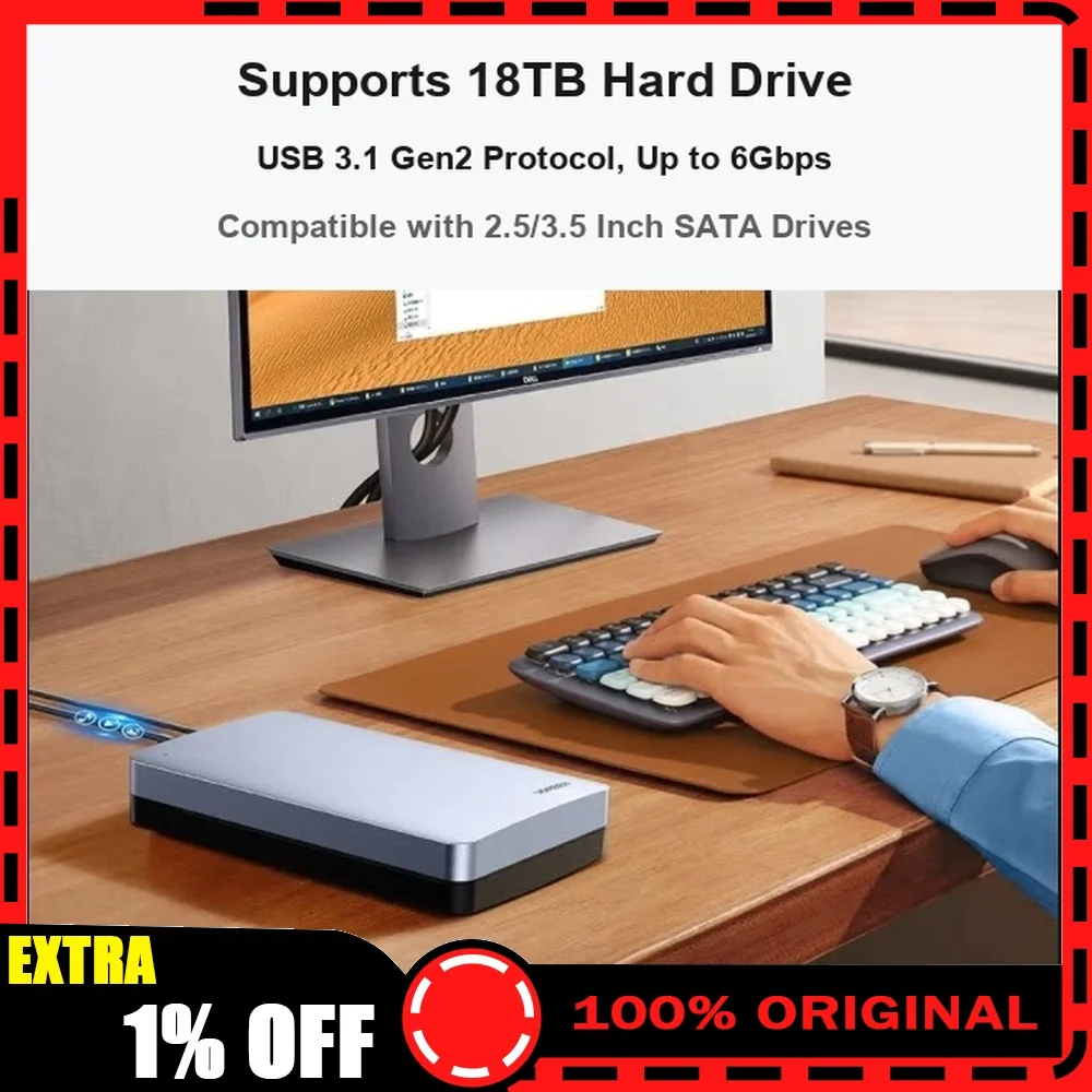 UGREEN 70502 CM301 Type-C SATA Hard Drive Enclosure USB 3.1 6Gbps Aluminum Case for 2.5/3.5 Inch HDD SSD Up to 18TB.
