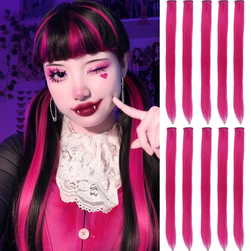 10 Uds. Extensiones de cabello con Clip rosa, peluca con reflejos para fiesta, peluca recta de color sintético para niñas y niños, uso en fiesta de Navidad